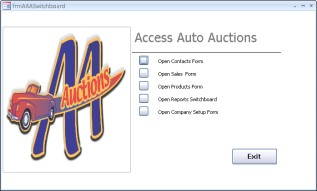 The Access Auto Auctions main Switchboard that allows the user to open various forms and reports